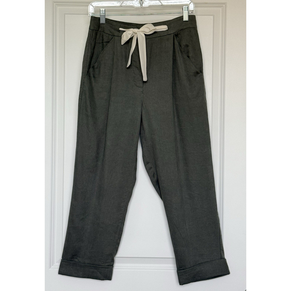 Aritzia Wilfred ALLANT Women's Pants Sz 4 Green Cropped Tie Waist Linen Lyocell
